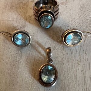 Retired Sipada Sterling Silver .925 Blue Topaz Ring, Pendant, and Earrings